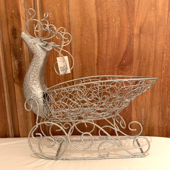 Pier 1 Silver Metal Glitter Reindeer Sleigh Basket Holiday Decor - Picture 1 of 8